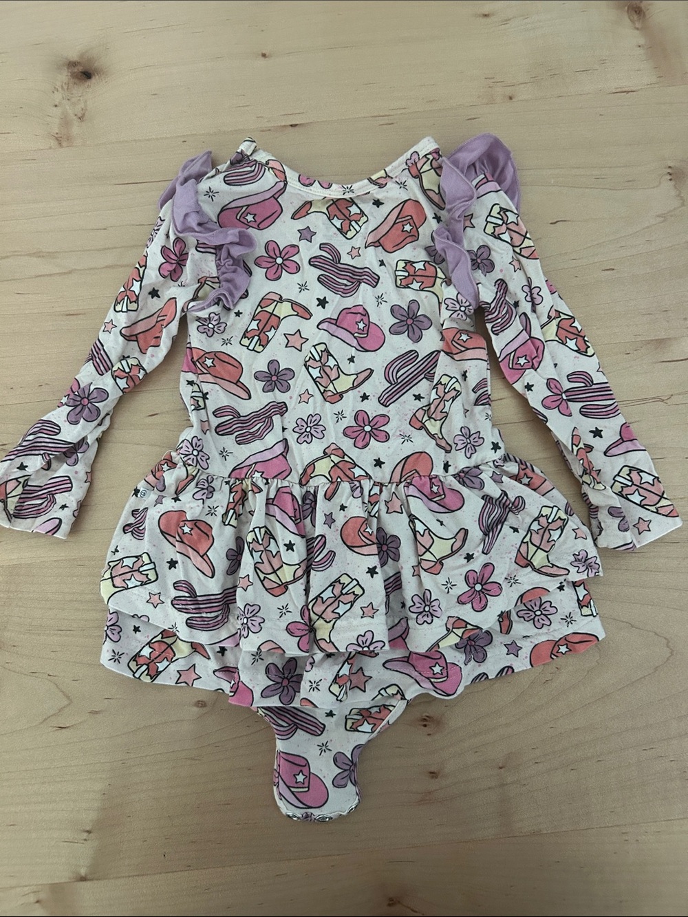 Caden Lane Cowgirl Print Long Sleeve Ruffle Skirted onesie